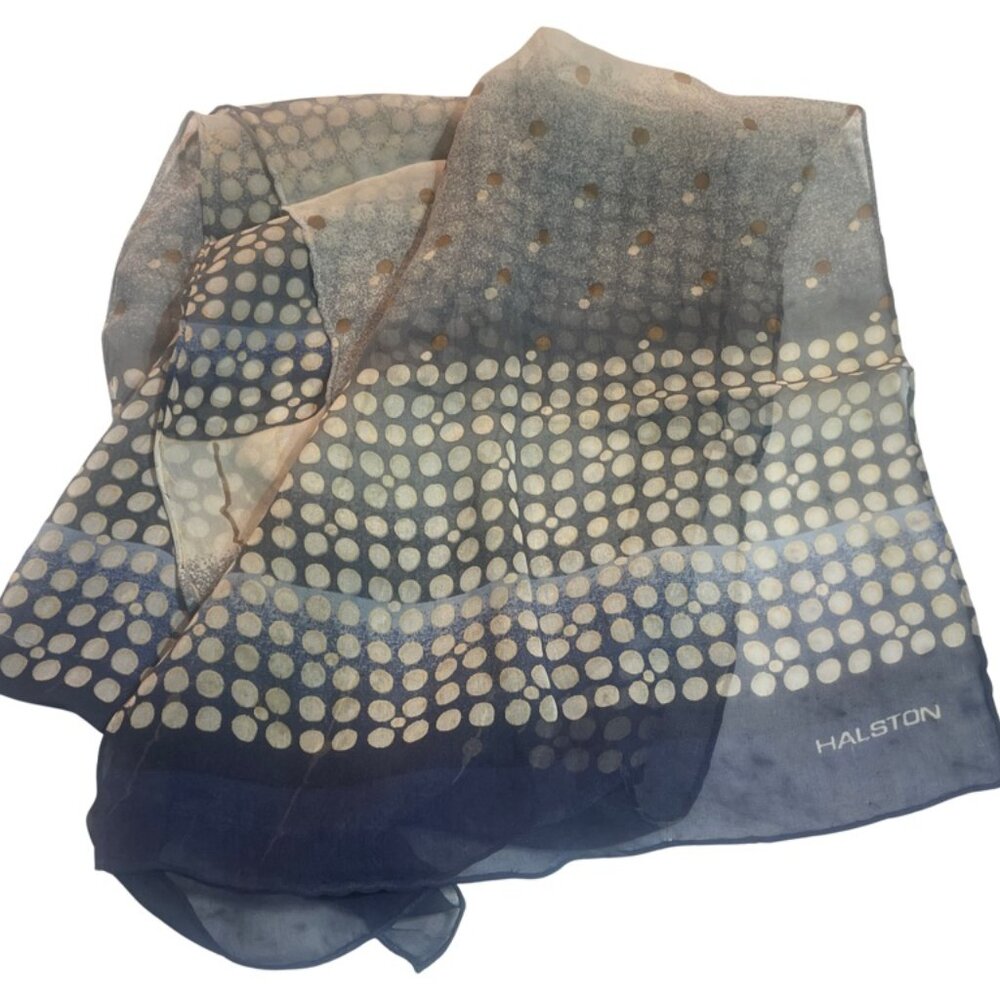 Halston Scarf Title: Vintage HALSTON 70s/80s Blue & White Mod Dot Oblong Sheer S